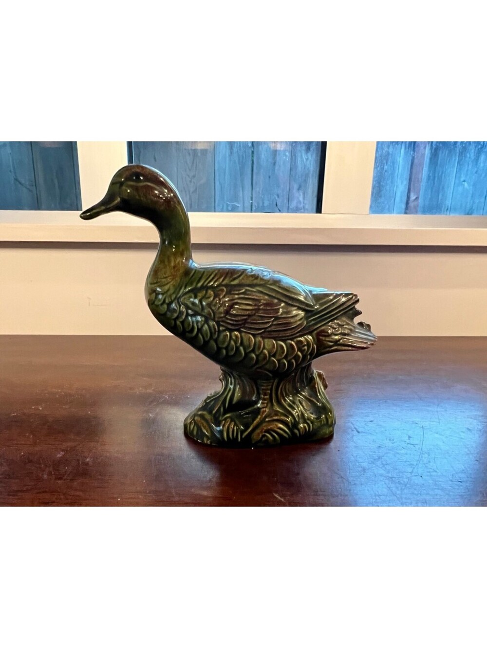 Vintage Ceramic Duck Figurine Green Brown Drip Glaze 5.5in - Tail Chip AS IS